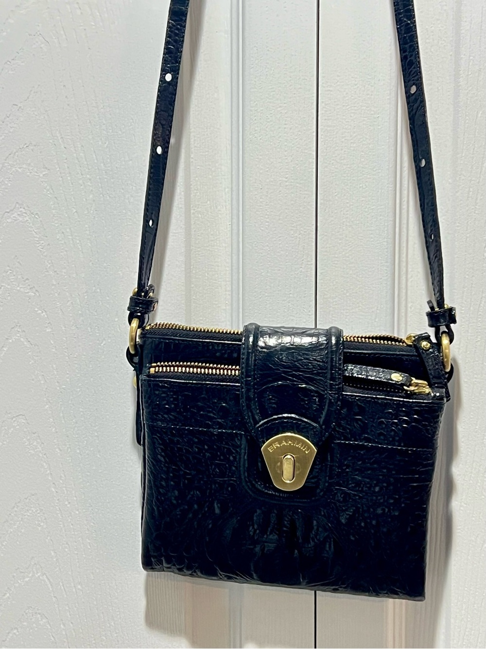 Brahmin Black Croc-Embossed Leather Mini Crossbody with Gold Hardware